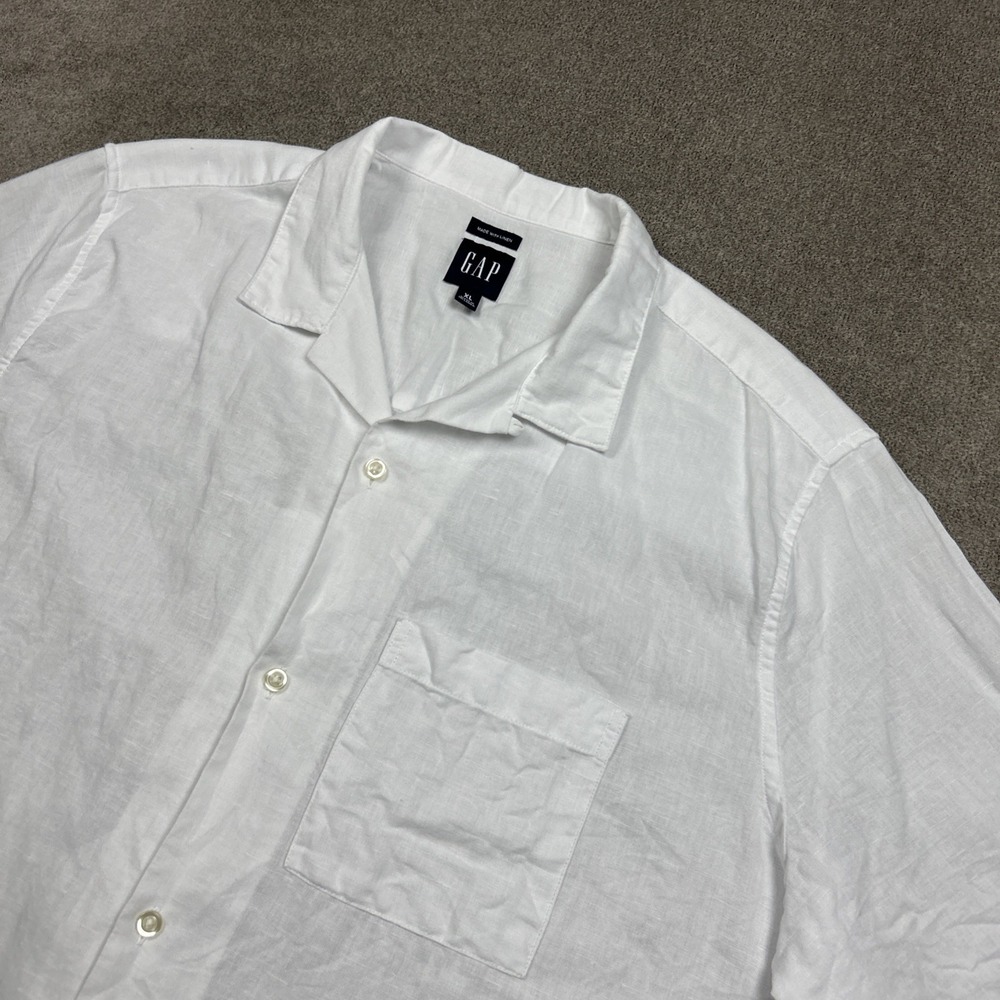 GAP Shirt Mens XL Linen Blend Loop Collar Bitton Up White Short Sleeve Casual